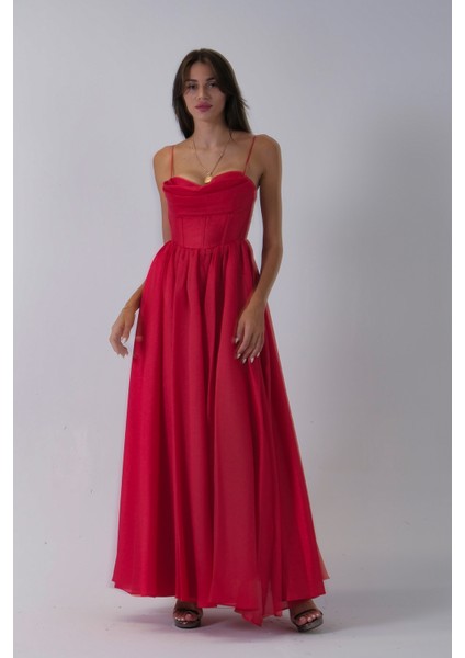 Kırmızı Ince Askılı Uzun Şifon Abiye Elbise 08020031.08
