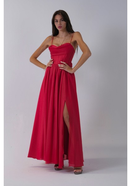 Kırmızı Ince Askılı Uzun Şifon Abiye Elbise 08020031.08