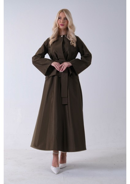 Haki Önü Tek Düğmeli Kuşaklı Etek Ceket 31040701.23