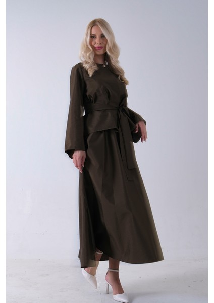 Haki Önü Tek Düğmeli Kuşaklı Etek Ceket 31040701.23 modelleri