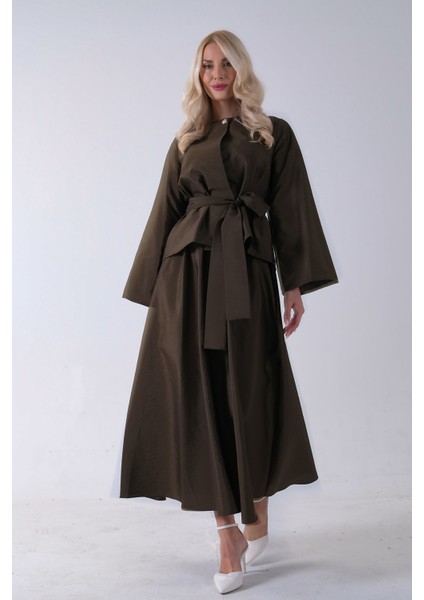 Haki Önü Tek Düğmeli Kuşaklı Etek Ceket 31040701.23