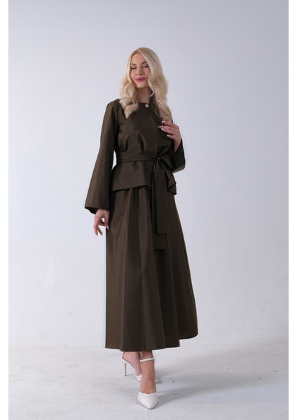 Haki Önü Tek Düğmeli Kuşaklı Etek Ceket 31040701.23