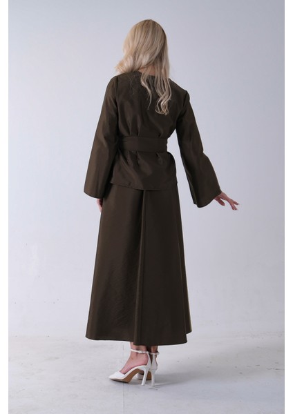 Haki Önü Tek Düğmeli Kuşaklı Etek Ceket 31040701.23