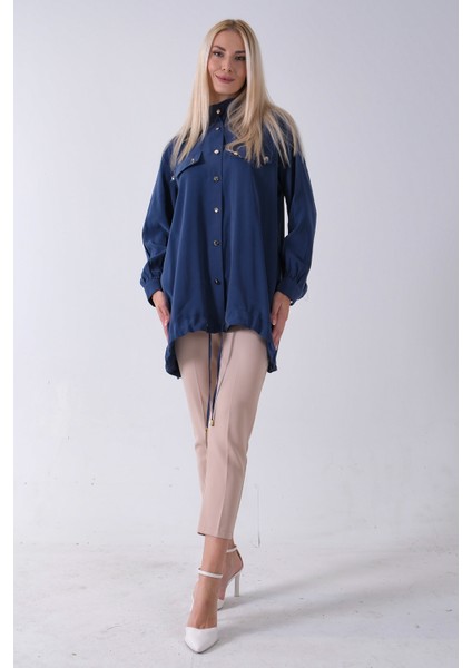 Lacivert Hakim Yaka Cep Kapak Detaylı Etek Ucu Ipli Tunik 3972106.02