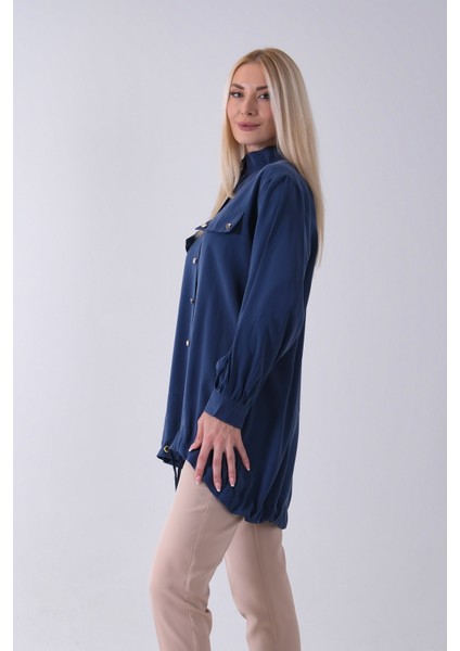 Lacivert Hakim Yaka Cep Kapak Detaylı Etek Ucu Ipli Tunik 3972106.02
