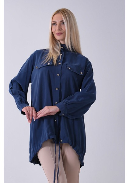 Lacivert Hakim Yaka Cep Kapak Detaylı Etek Ucu Ipli Tunik 3972106.02