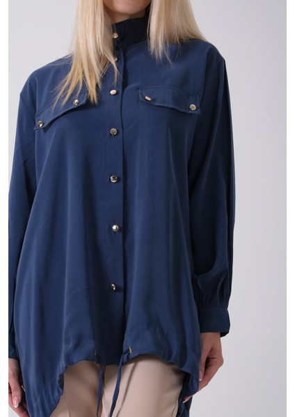 Lacivert Hakim Yaka Cep Kapak Detaylı Etek Ucu Ipli Tunik 3972106.02