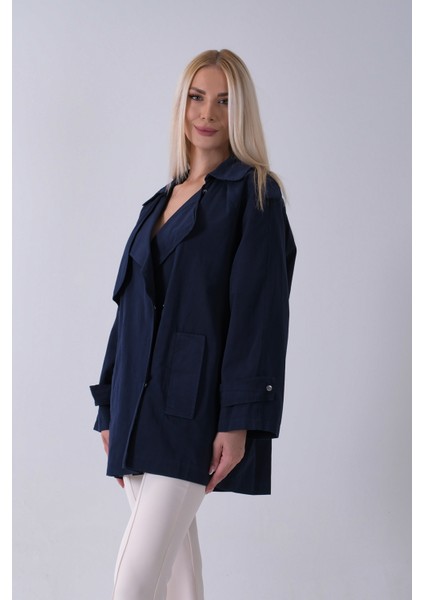 Lacivert Yandan Cepli Omuz Apolet Detaylı Trenç 422234.02