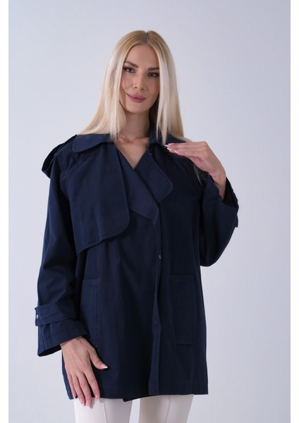 Lacivert Yandan Cepli Omuz Apolet Detaylı Trenç 422234.02