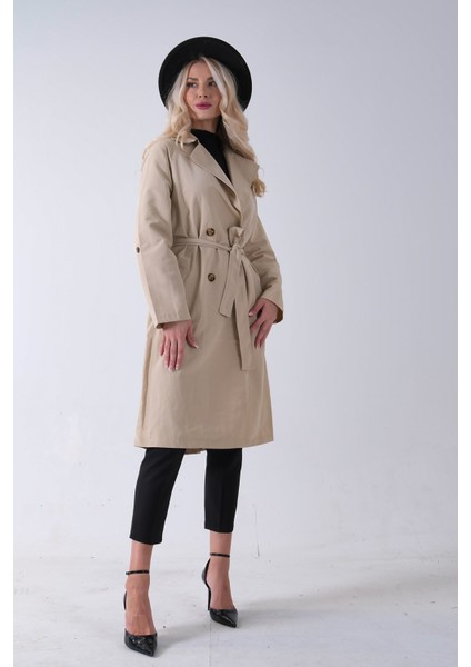 Bej Önden Düğme Kapamalı Yandan Cepli Kuşaklı Uzun Trenç 4200823.55 indirimleri