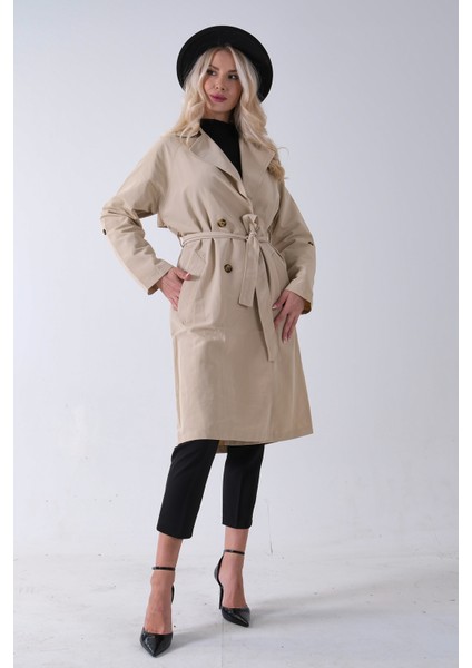 Bej Önden Düğme Kapamalı Yandan Cepli Kuşaklı Uzun Trenç 4200823.55