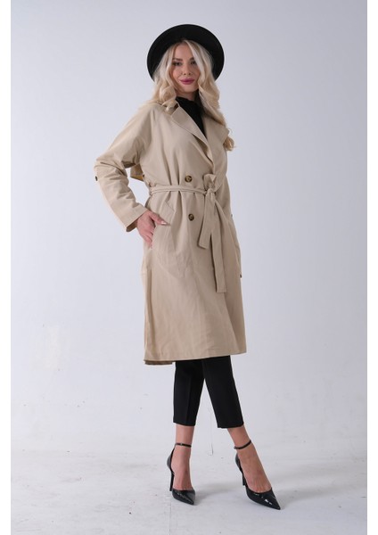 Bej Önden Düğme Kapamalı Yandan Cepli Kuşaklı Uzun Trenç 4200823.55