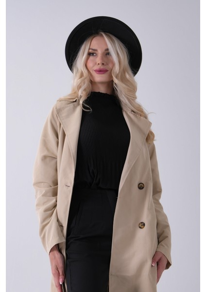 Bej Önden Düğme Kapamalı Yandan Cepli Kuşaklı Uzun Trenç 4200823.55