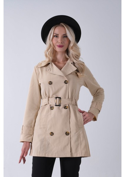 Bej Bilek ve Omuz Apolet Detaylı Kemerli Düğme Kapamalı Trenç 4200829.55