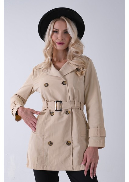 Bej Bilek ve Omuz Apolet Detaylı Kemerli Düğme Kapamalı Trenç 4200829.55