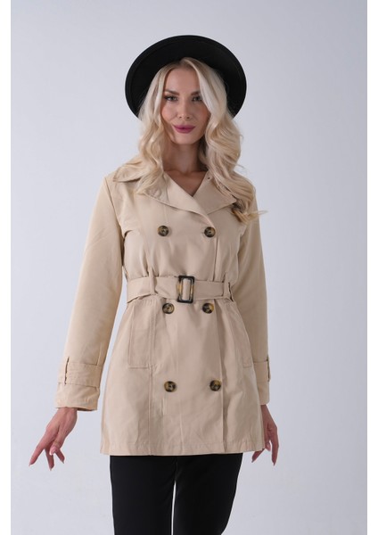 Bej Bilek ve Omuz Apolet Detaylı Kemerli Düğme Kapamalı Trenç 4200829.55