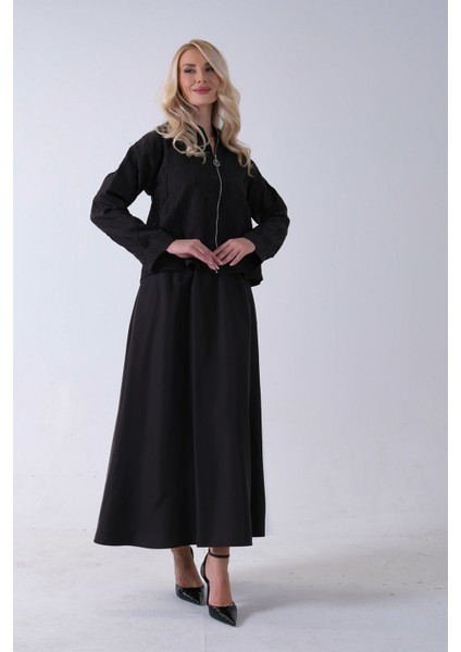 Siyah Fermuar Kapamalı Ceket Üzeri Desenli Etekli Takım 4577259.01