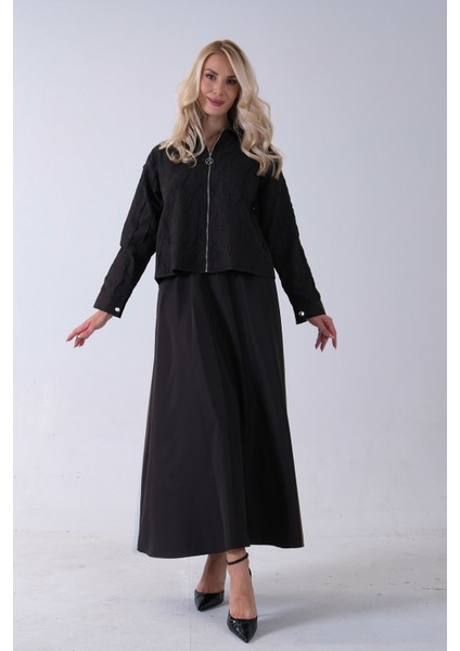 Siyah Fermuar Kapamalı Ceket Üzeri Desenli Etekli Takım 4577259.01 fiyatları