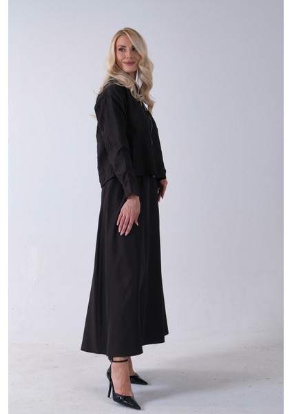 Siyah Fermuar Kapamalı Ceket Üzeri Desenli Etekli Takım 4577259.01 modelleri