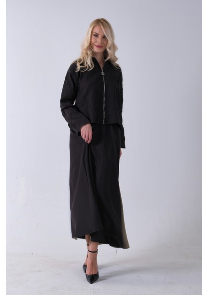 Siyah Fermuar Kapamalı Ceket Üzeri Desenli Etekli Takım 4577259.01