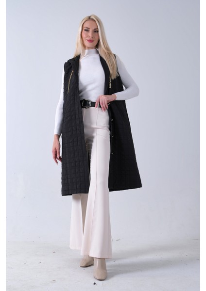 Siyah Zincir Detaylı Fleto Cepli Kapitone Yelek 31070195.01