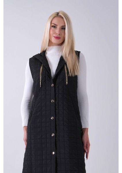 Siyah Zincir Detaylı Fleto Cepli Kapitone Yelek 31070195.01