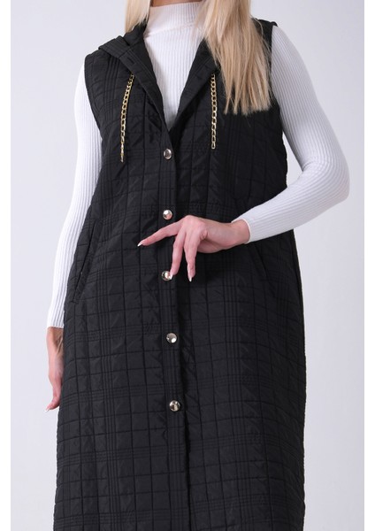 Siyah Zincir Detaylı Fleto Cepli Kapitone Yelek 31070195.01