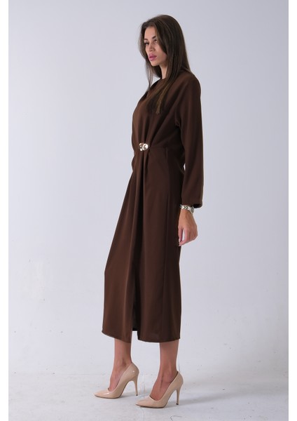 Kahve Omuz ve Beli Pileli Toka Detaylı Elbise 3975478.05 indirimleri