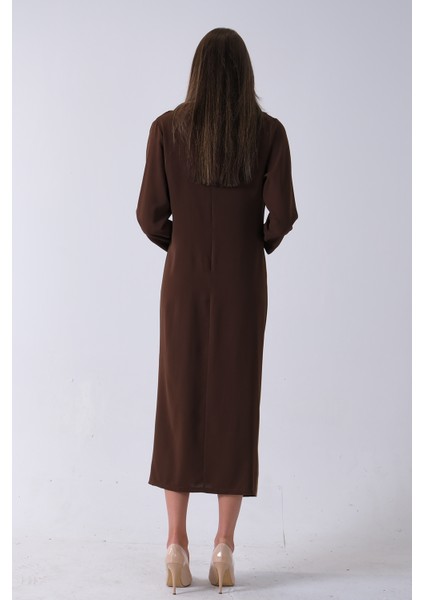 Kahve Omuz ve Beli Pileli Toka Detaylı Elbise 3975478.05