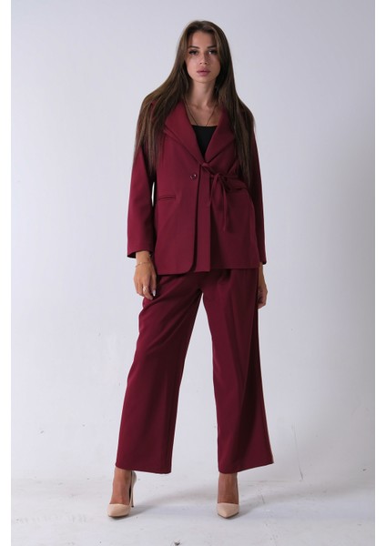 Bordo Çift Cep Yandan Bağlamalı Ceket Pantolonlu Takım 4592259.04