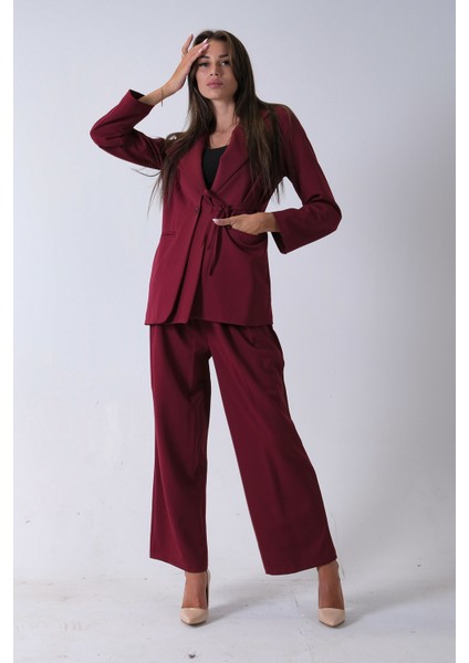 Bordo Çift Cep Yandan Bağlamalı Ceket Pantolonlu Takım 4592259.04 modelleri