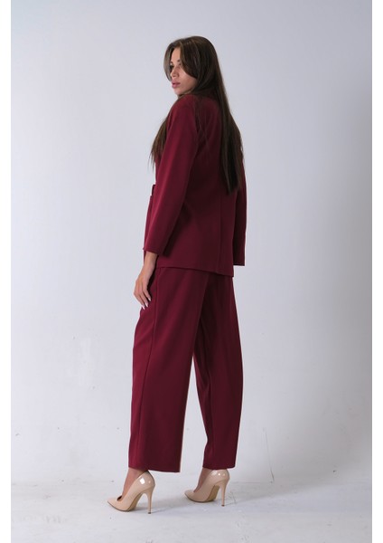 Bordo Çift Cep Yandan Bağlamalı Ceket Pantolonlu Takım 4592259.04 indirimleri