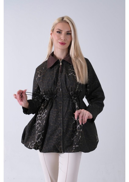 Kahve Yaka Garnili Leopar Desenli Beli Lastikli Trenç 5309347.05