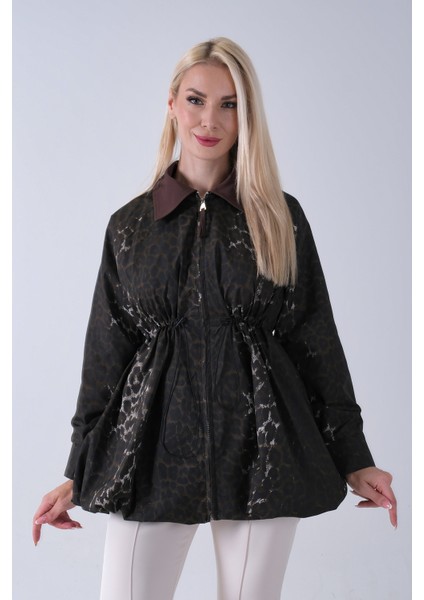 Kahve Yaka Garnili Leopar Desenli Beli Lastikli Trenç 5309347.05 fiyatları