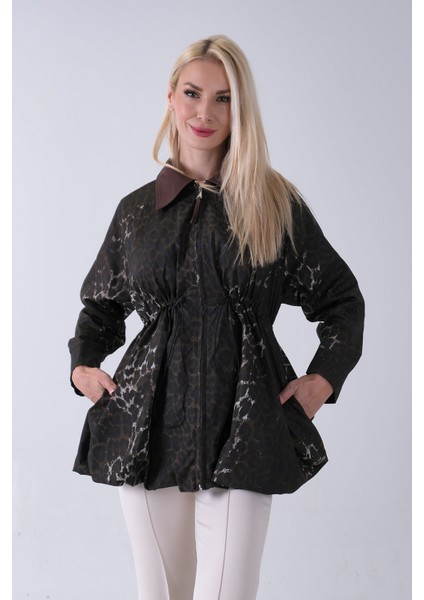 Kahve Yaka Garnili Leopar Desenli Beli Lastikli Trenç 5309347.05 modelleri