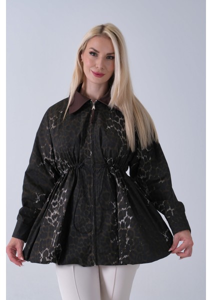 Kahve Yaka Garnili Leopar Desenli Beli Lastikli Trenç 5309347.05