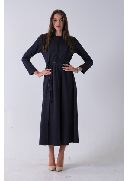 Lacivert Bisiklet Yaka Önü Pile Detaylı Beli Kemerli Elbise 4593453.02 modelleri