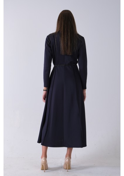 Lacivert Bisiklet Yaka Önü Pile Detaylı Beli Kemerli Elbise 4593453.02 indirimleri