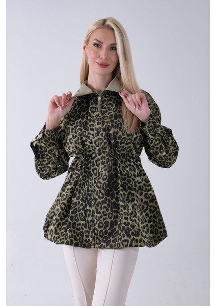 Haki Yaka Garnili Leopar Desenli Beli Lastikli Trenç 5309347.23