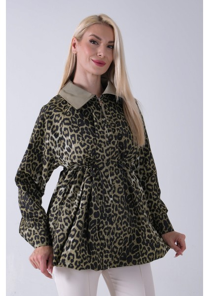 Haki Yaka Garnili Leopar Desenli Beli Lastikli Trenç 5309347.23 modelleri