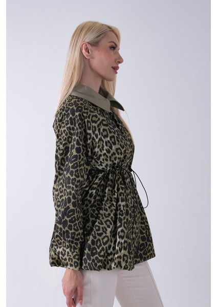 Haki Yaka Garnili Leopar Desenli Beli Lastikli Trenç 5309347.23 indirimleri