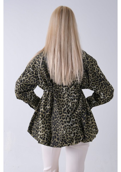 Haki Yaka Garnili Leopar Desenli Beli Lastikli Trenç 5309347.23