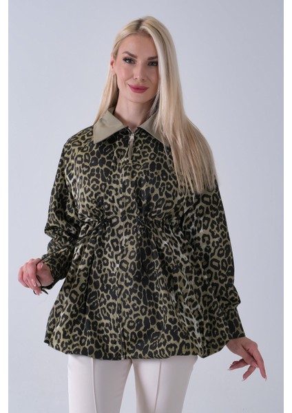 Haki Yaka Garnili Leopar Desenli Beli Lastikli Trenç 5309347.23