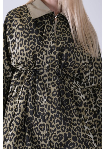 Haki Yaka Garnili Leopar Desenli Beli Lastikli Trenç 5309347.23