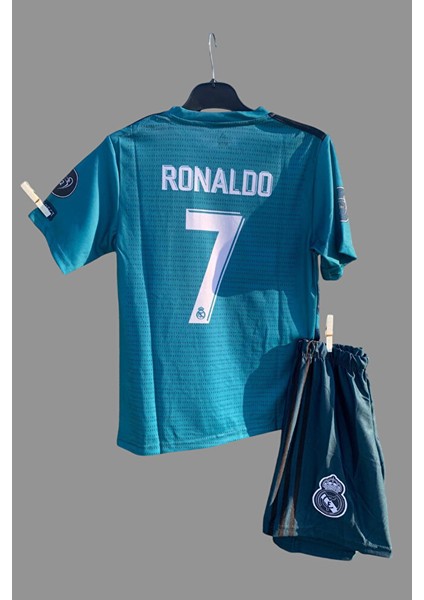 Real Madrid 2018 Cristiano Ronaldo Turkuaz Röveşata Çocuk Forması 4'lü Set ( Armalı)