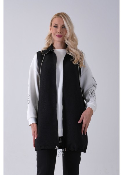 Siyah Tunik Kolu Çiçek Desenli Yelekli 2'li Takım 940120274.01