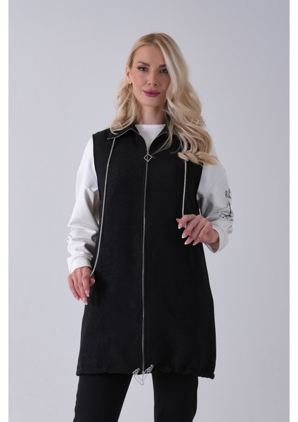 Siyah Tunik Kolu Çiçek Desenli Yelekli 2'li Takım 940120274.01