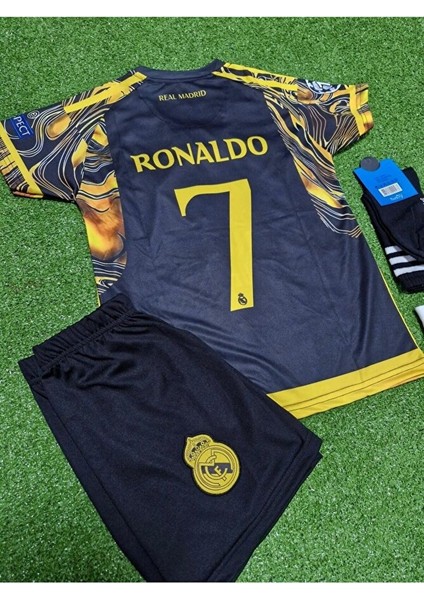 Real Madrid 2023/24 Yeni Sezon Cristiano Ronaldo Özel Çocuk Konsept Forması 4'ü Set (Blackyellow)