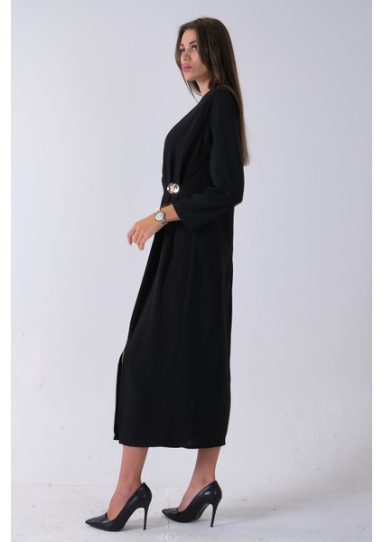Siyah Omuz ve Beli Pileli Toka Detaylı Elbise 3975478.01 fırsatları
