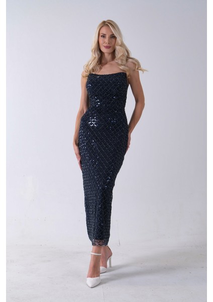 Lacivert Midi Boy Straplez Pul Payet Abiye 0801134.02